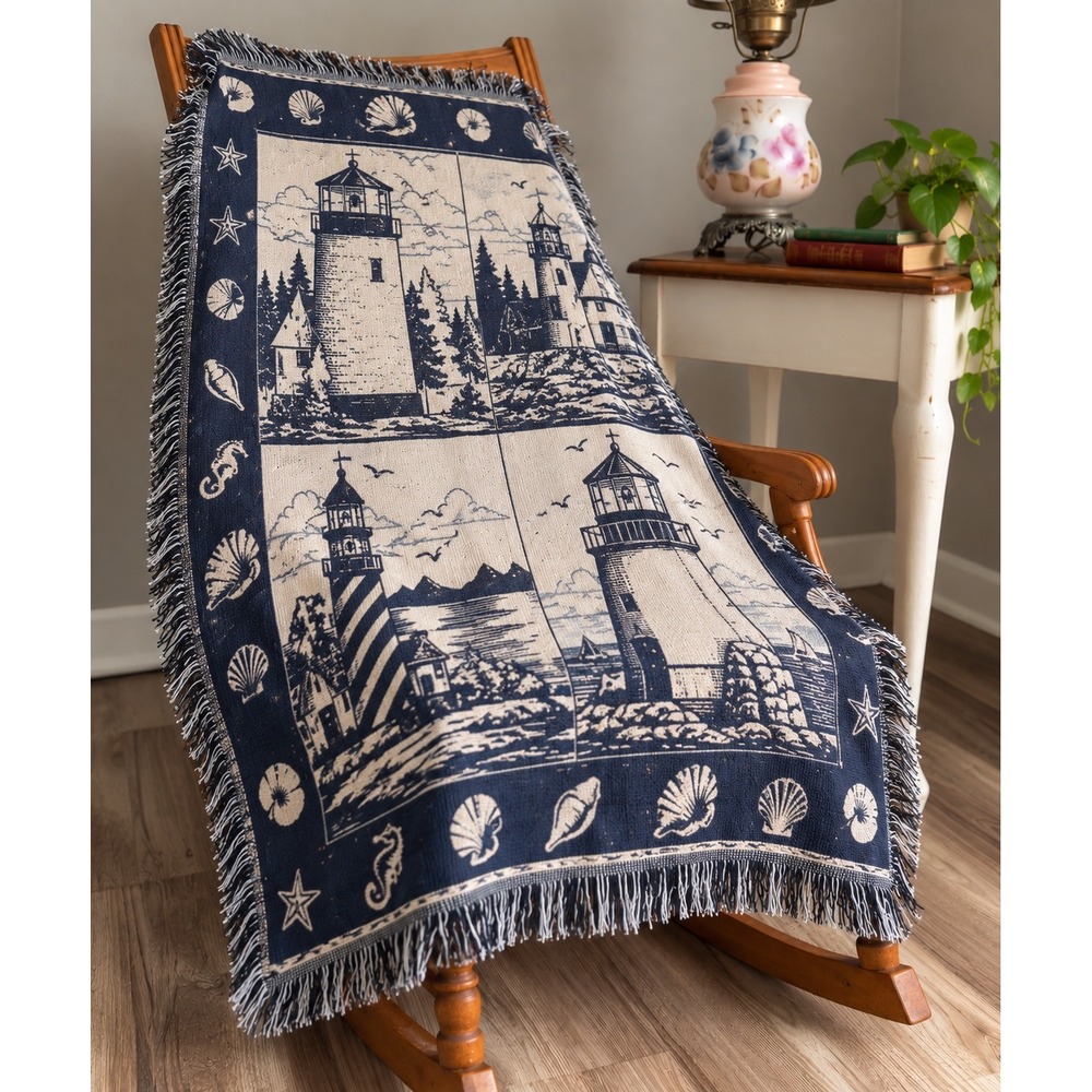 Crown Crafts Woven Tapestry Throw Blanket Lighthouse Nautical Navy Blue 60x46